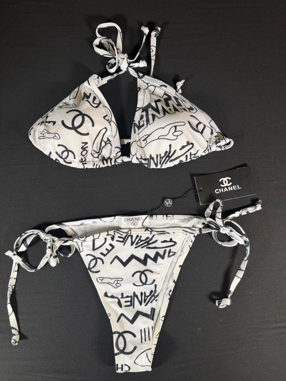 CHANEL style design White & Black Logo Graphic String Bikini Set